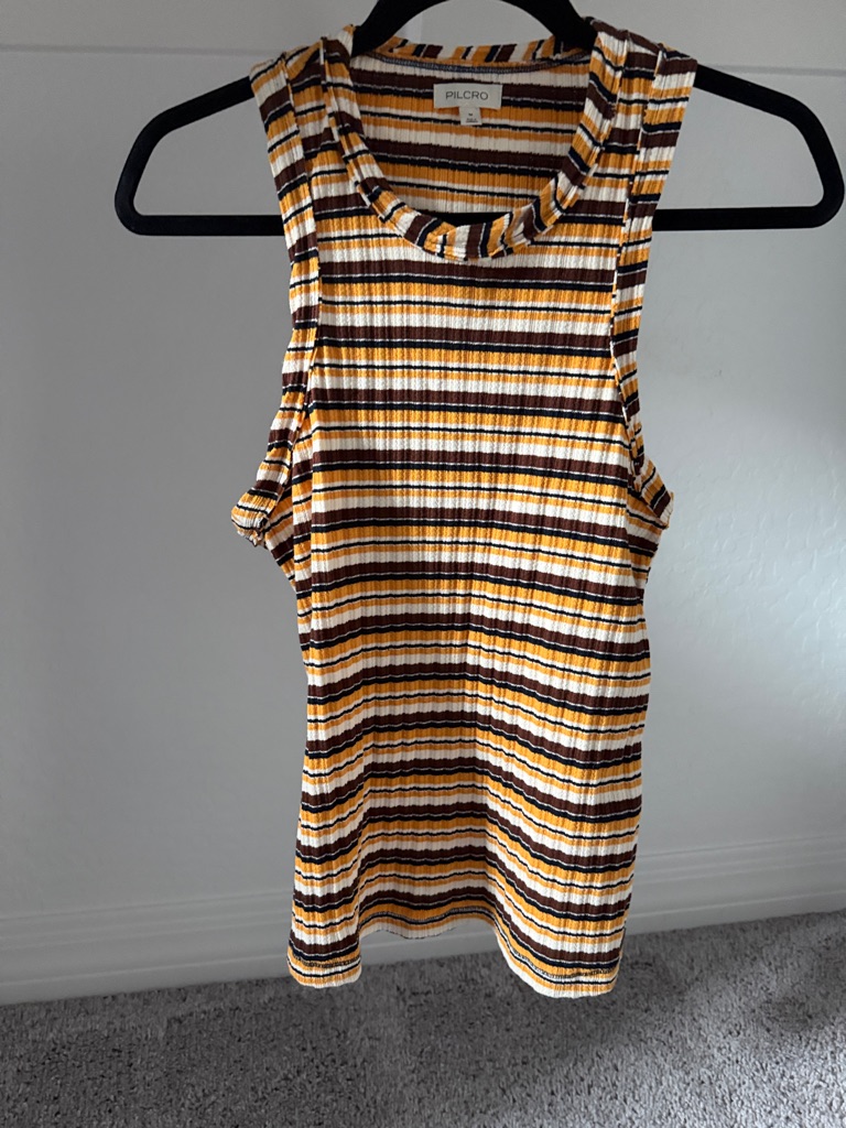 Pilcro Striped Ribbed Tank - Mustard, Brown, White